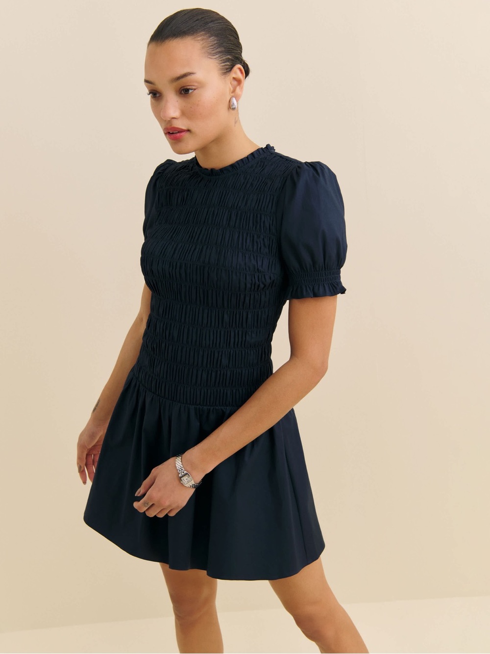 Reformation Navy Smocked Puff Sleeve Mini Dress